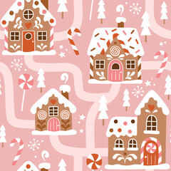 Materiał do szycia Seamless vector pattern with hand drawn gingerbread houses and Christmas trees. Snowy landscape with winter village. Perfect for textile, wallpaper or print design.