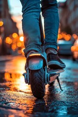 A person on an electric scooter rides in the city at sunset, demonstrating the power and manufacturability of the device