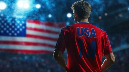 Fototapeta premium Proud American Soccer Player in USA Shirt with Flag Background