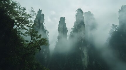 Zhangjiajie National Forest Park: The towering sandstone pillars of Zhangjiajie National Forest Park, shrouded in mist and greenery.
