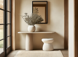 Stylish and Modern Entryway Featuring Dining Table, Stool, and Oversized Ceramic Vase

