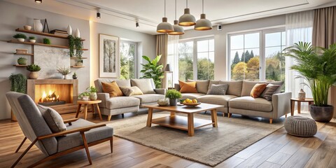 warm family home panorama serene cozy living room interior architecture majestic modern minimalist colors calming