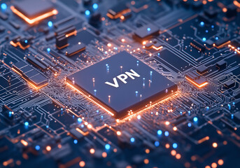 A VPN icon set against a circuit backdrop, representing secure internet connectivity