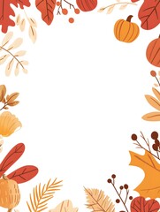 Fototapeta premium Autumn-themed rectangular frame border illustration with a white background, a simple and clean design, an autumn color palette, with copy space in the center