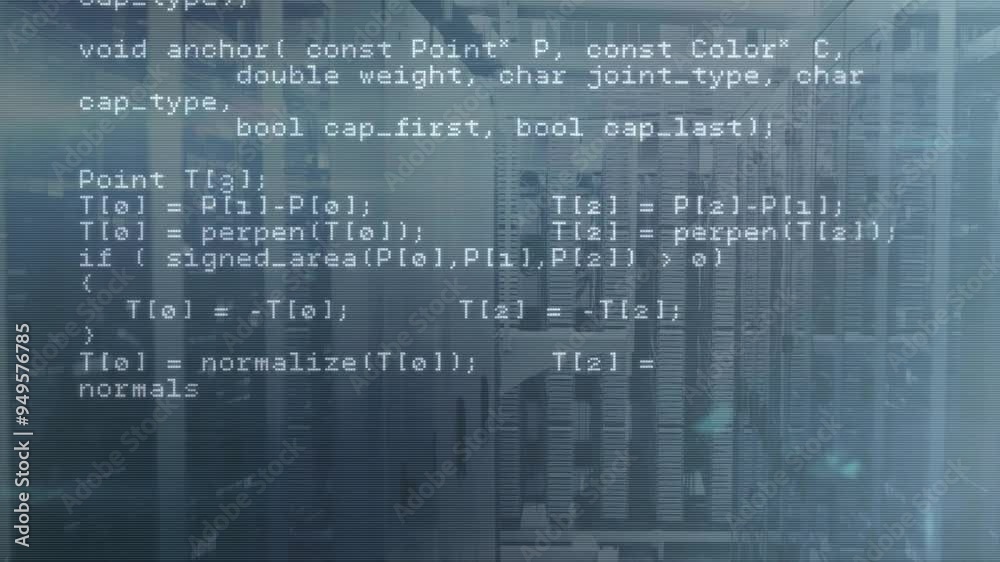 Poster animating computer code over servers in data center