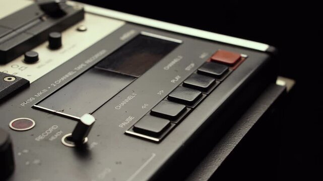 Pressing Stop and Rewind Buttons on Vintage Reel to Reel Audio Tape Recorder, Close Up