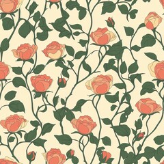 Vintage Art Nouveau rose pattern on vintage beige fabric background, seamless repeating pattern, textile print style, minimal, Art Nouveau design, seamless rose pattern, home decor