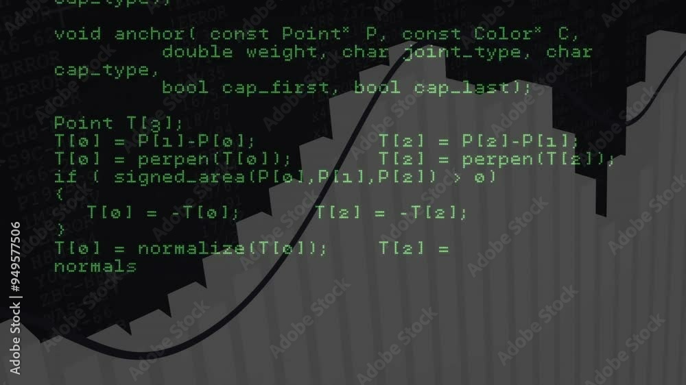 Poster computer code animation over 3d bar graph in dark background