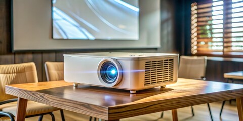 photo image of a sleek projector placed on a table, directing its beam onto a large white screen hung from a wooden frame