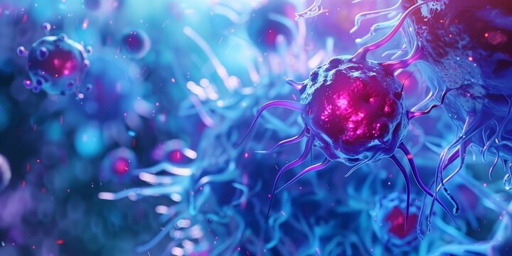 3D Render of a Purple and Blue Cell with Tendrils