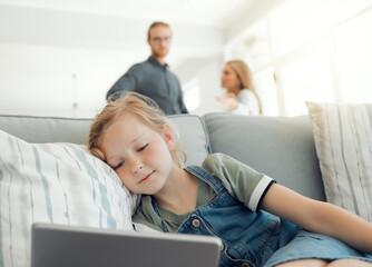 Angry, parents and kid on sofa with tablet for streaming movies, games or child development. Frustrated mom, dad and girl on couch with digital app, concern and stress for online safety risk in home