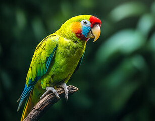 Naklejka premium Green parrot with red beak and light blue back crown sitting on branch against green forest background.