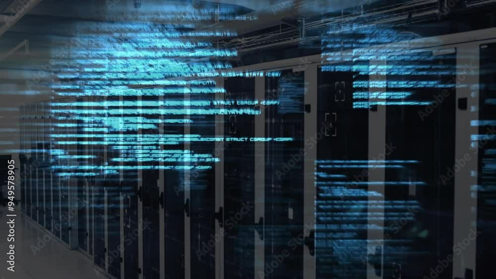 Poster digital code animating over server racks in data center