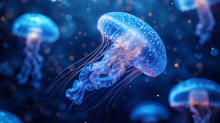 Fototapeta premium Glowing jellyfish in deep blue ocean, illuminating their surroundings, underwater glowtime, captivating and surreal marine life