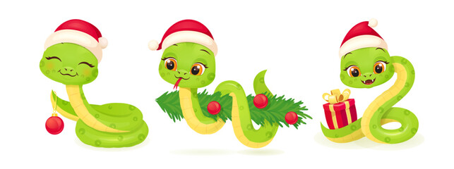 Obraz premium Cute snake characters with smiling faces. Merry christmas and Happy new year 2025 invitation card.