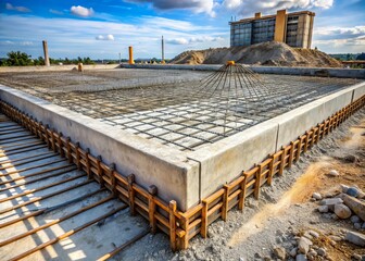 a photo image of a massive reinforced concrete building foundation with smooth concrete surface, exposed rebar, and chunky aggregate