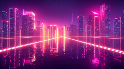 Naklejka premium Glowing neon lines tracing the outline of a cityscape, abstract glowtime, modern and energetic