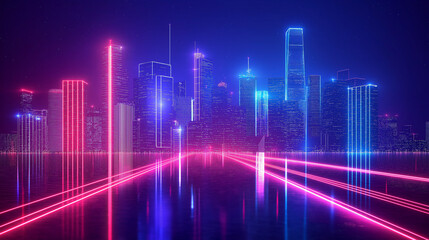 Fototapeta premium Glowing neon lines tracing the outline of a cityscape, abstract glowtime, modern and energetic