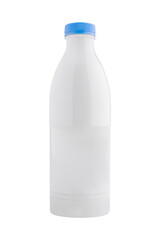 White plastic bottle with blue cap standing on white background