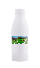 White plastic bottle of milk with cow grazing label on white background