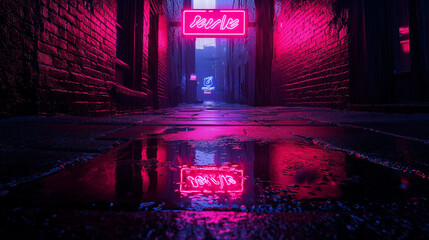 Glowing neon signs in an urban alleyway, reflecting on wet pavement, city glowtime, gritty and vibrant