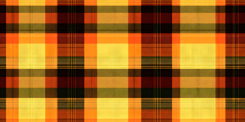 Masculine pattern fabric seamless, towel check tartan texture. Scottish textile plaid background vector in orange and lime colors.
