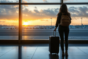Silhouette of a woman with luggage and backpack looking out airport window at sunrise. Travel and departure concept