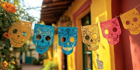 Mexican paper cut with skulls holiday flags. Papel picado. Festive garlands made of multicolored paper, flags in the form of skulls. Mexican day of the dead. Cinco de mayo, dia de los muertos.