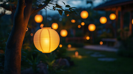 Fototapeta premium Glowing paper lanterns in a tranquil night garden, capturing a sense of peace, garden glowtime, soft and calming