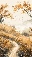 Obraz premium chinese paintings of an autumn landscape with a trail of grass illustration poster background
