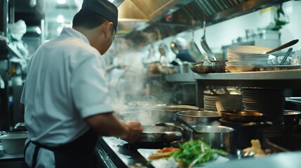 Busy Chefs Working in Restaurant Kitchen with Focus on Food Hygiene and Fresh Ingredients