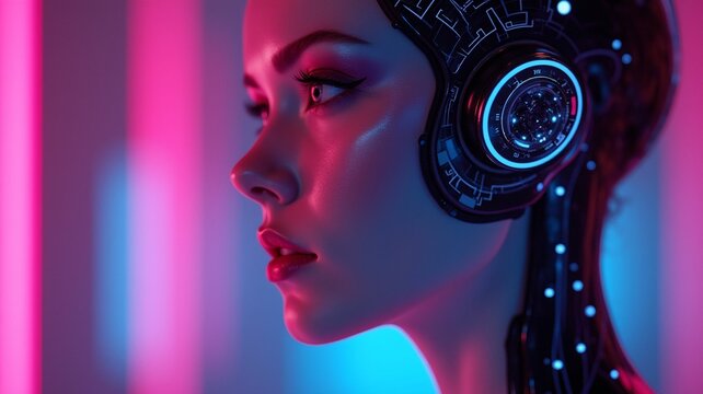 Beautiful close up portrait of female humanoid, digital artificial intelligence concept. Pink and blue neon background.