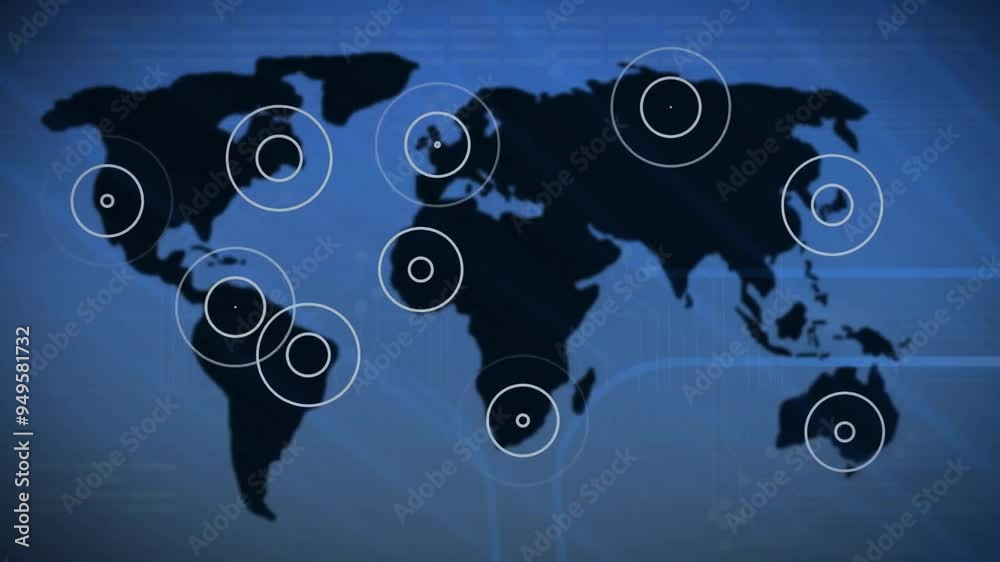 Poster global network connections animation with target circles on world map
