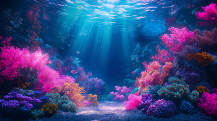 Obraz premium Glowing underwater coral reef scene, full of vibrant colors, marine glowtime, stunning and immersive