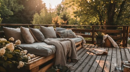 Cozy Wooden Terrace with Rustic Furniture and Soft Accents Overlooking a Blooming Spring Garden