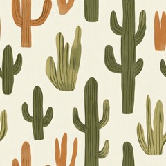 Vintage desert cactus pattern on vintage beige fabric background, seamless repeating pattern, textile print style, minimal, nature design, seamless desert cactus pattern, home decor, textile