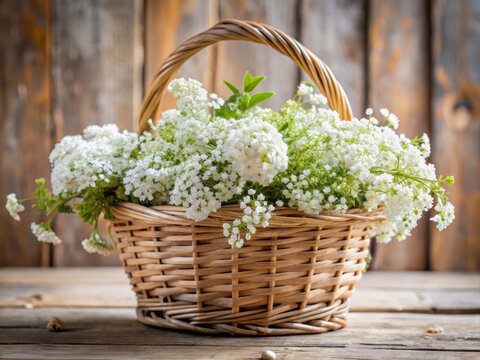 White flowers in a natural fiber basket organic and effortless arrangement ethereal whimsical bouquet delicate gentle elegance simplicity minimalist fresh picked pastoral serene morning dew rustic