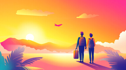 Fototapeta premium A vibrant sunset view of two travelers at the beach, preparing for an unforgettable adventure as an airplane flies overhead