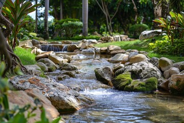 A stream flows smoothly through a lush green forest, Steady stream flowing over smooth rocks