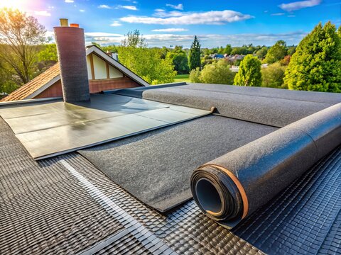 a photo image of rubberized asphalt underlayment sheets on a roof surface, with an overlay of woven polyester or fiberglass mats for added stability