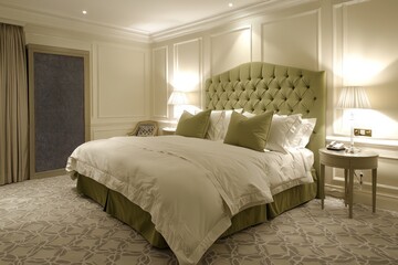 Olive green headboard, soft light, chic screen, grey carpet in calm bedroom.