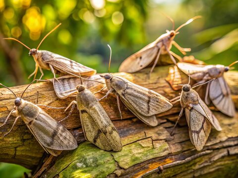 A photo image of a group of codling moths (Cydia pomonella) on a tree trunk, with leaves and twigs, in warm sunlight.