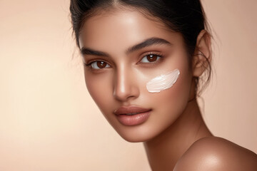 A beautiful Indian woman is applying face cream for an advertisement.