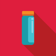Minimalist flat design icon of a blue water bottle with an orange cap, casting a long shadow on a red background