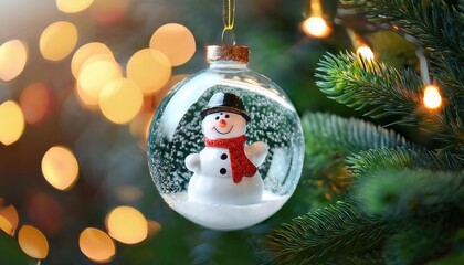 Snowman Ornament In Glass Ball On Christmas Tree With Lights