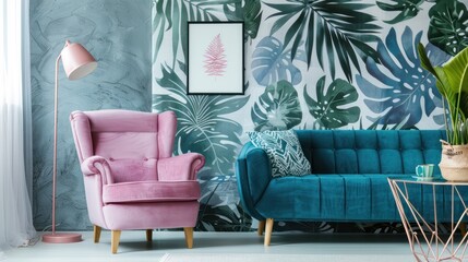 Obraz premium Living room with pink armchair and blue sofa