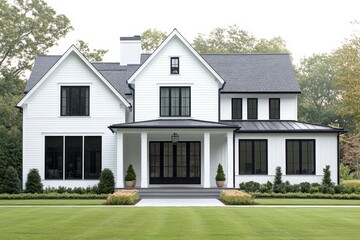 A modern white house with black accents, featuring a porch and landscaped yard.