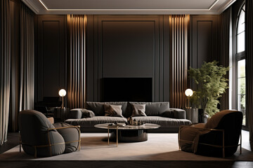 Fototapeta premium Modern Living Room Interior Design with Black and Gold Accents