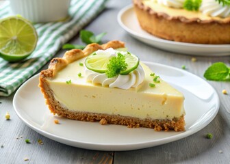 A golden-brown homemade key-lime pie with a buttery graham cracker crust takes center stage on a snowy white plate, awaiting its fate.