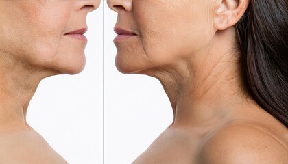 Obraz premium before and after comparison of mature woman's neck and lower face showing skin tightening and anti-aging results 